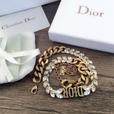 Dior DIOR Logo-Charm, dicke Kette, Marquise-Diamant, Damen-Halskette, Antik-Messing, weißer Kristall, imitiert