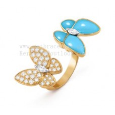 Van Cleef Arpels Two Butterfly Between the Finger Ring aus Gelbgold mit Diamanten und Türkis Van Cleef Arpels Two Butterfly Between the Finger Ring aus Gelbgold mit Diamanten und Türkis