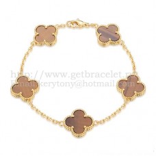 Van Cleef Arpels Alhambra Armband 5 Motive Gelbgold mit Tigerauge-Perlmutt